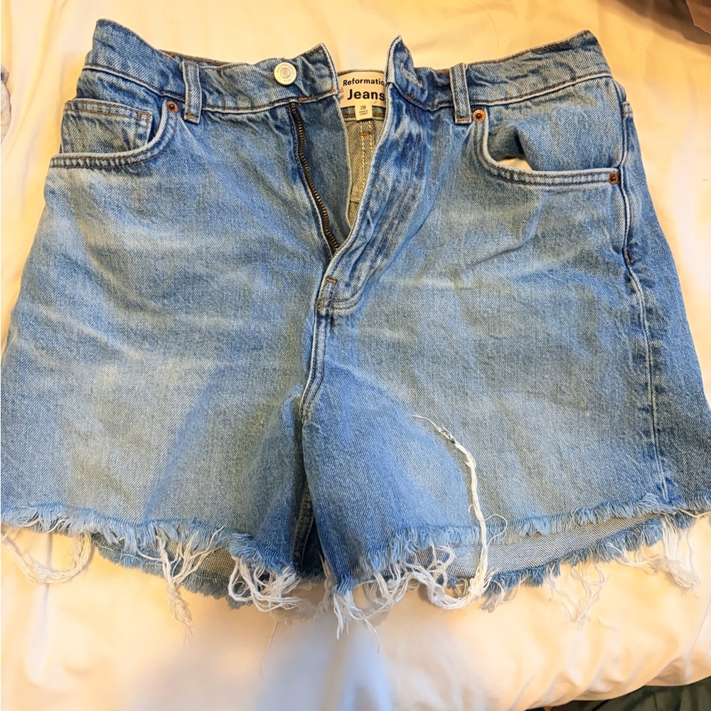Reformation Light Blue Frayed Denim Shorts